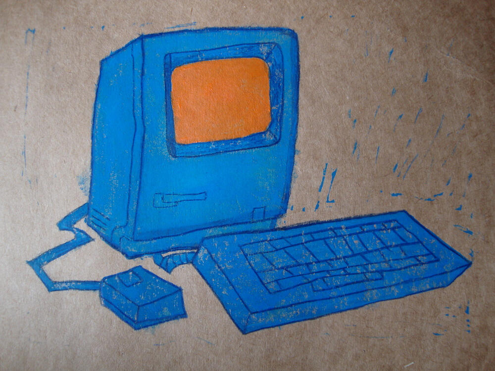 linograph with colored pencils and acrylics on cardstock.